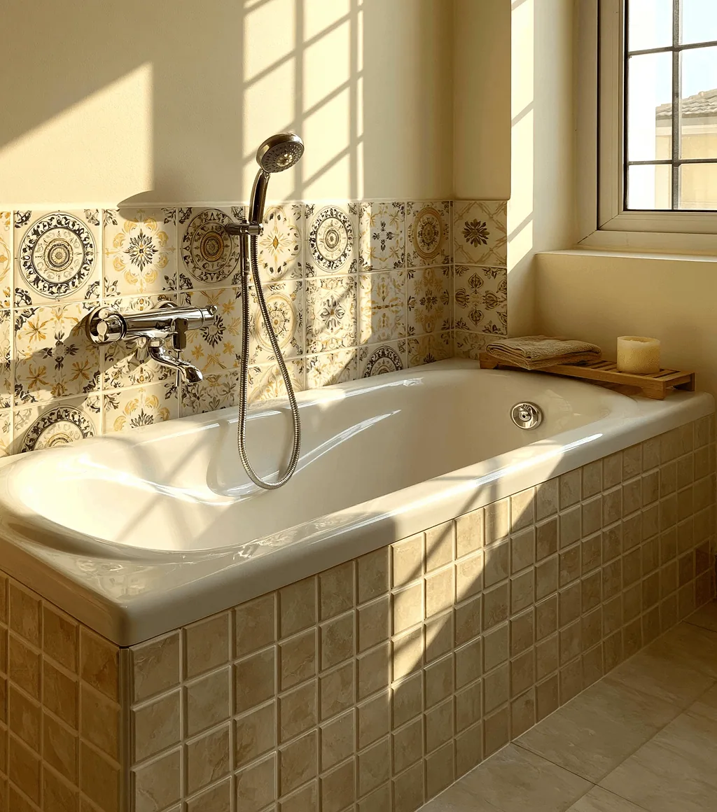 Built-in tub clad in mosaic tile, with a chrome wall-mounted mixer and patterned tile backsplash