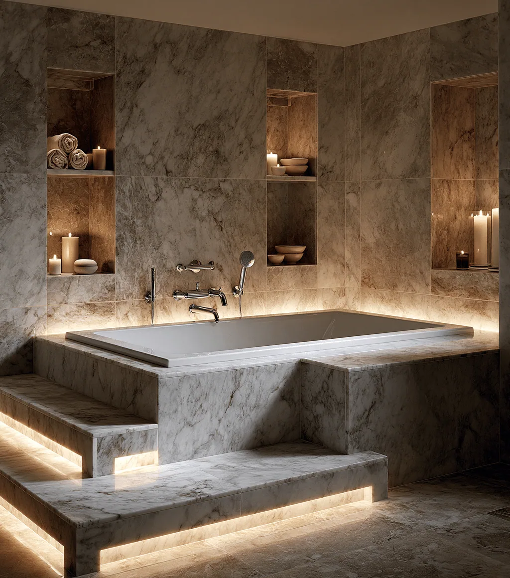Sunken built-in tub clad in grey marble, in a candlelit alcove with lit shelving