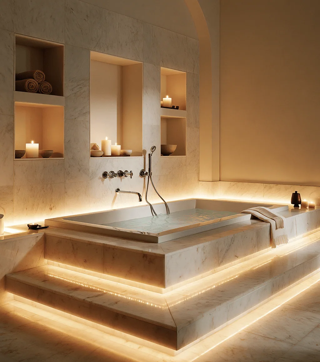Sunken built-in tub in a candlelit marble spa alcove with lit steps