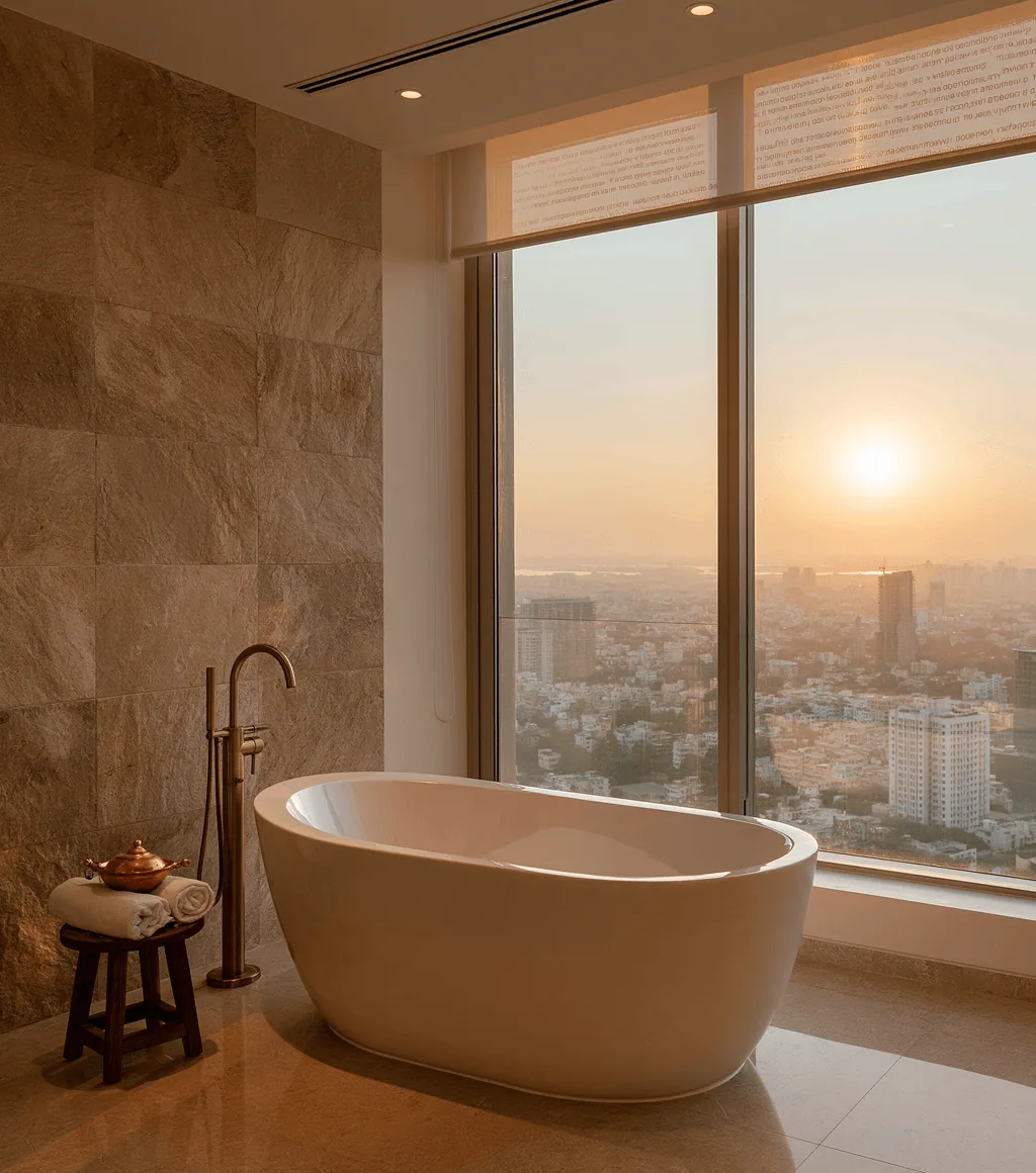 White freestanding tub with a floor-mounted faucet, against a beige stone-clad wall with a sunset city view