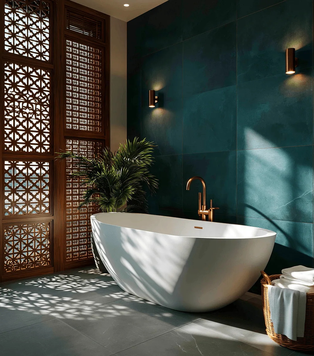 White freestanding tub with a brushed brass floor-mounted faucet, against a dark teal stone wall and wooden lattice screen