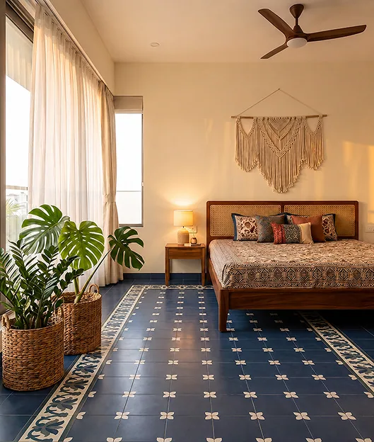 Bedroom with a deep blue floor tile patterned with a white floral motif, beside a rattan headboard