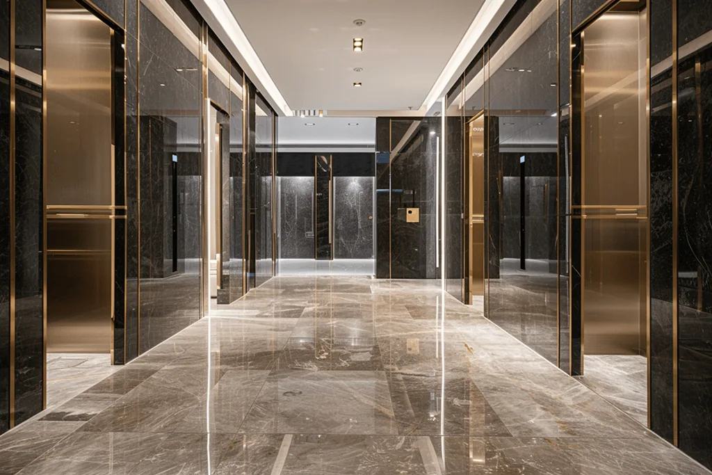Dark grey marble corridor of lift lobbies with gold trim, on a glossy speckled marble floor