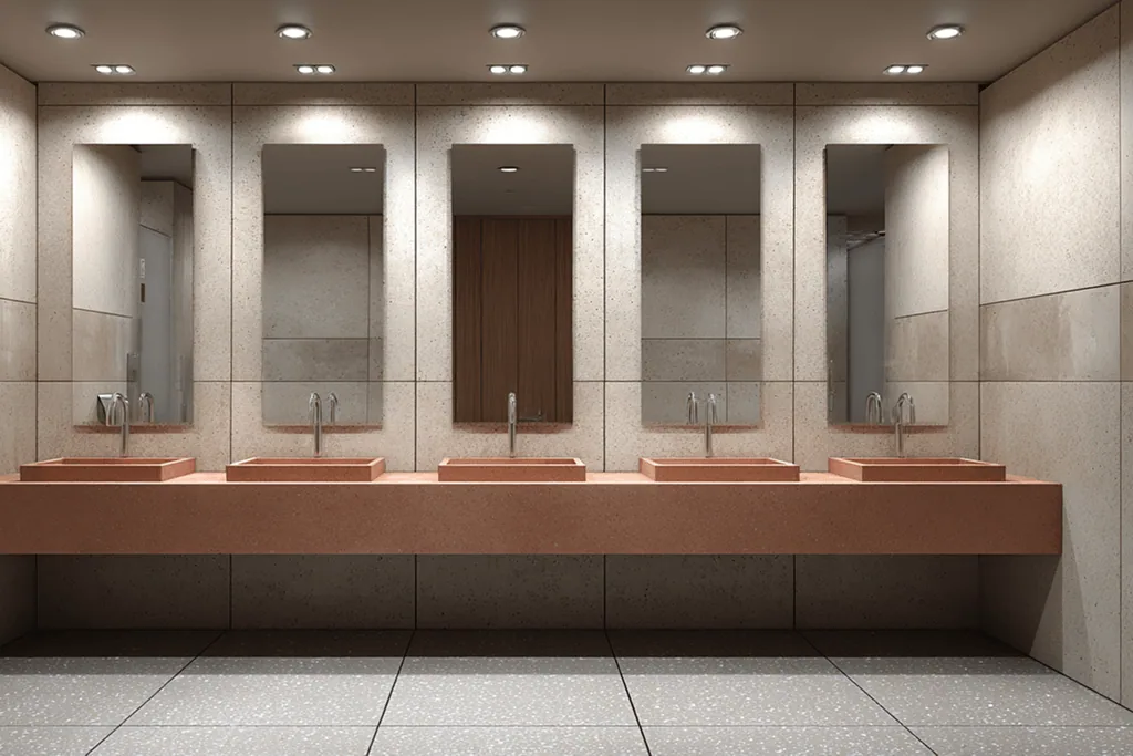 Washroom with a terracotta terrazzo-effect vanity counter and a speckled tile floor
