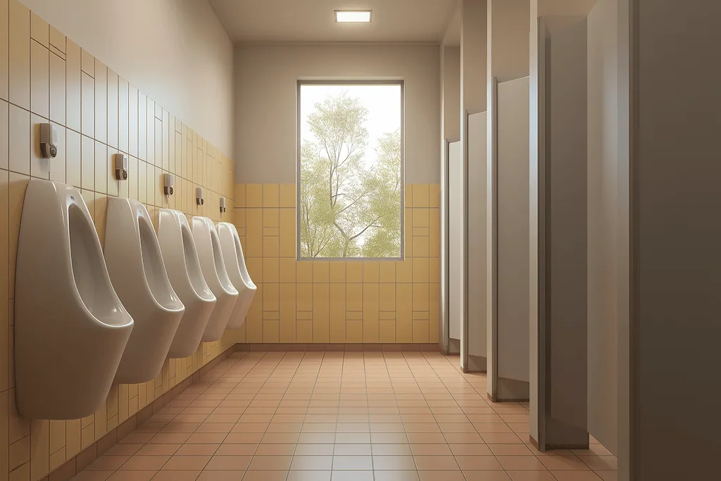 Institutional washroom with a row of wall-hung urinals against a mustard-yellow tile wall, terracotta floor tile