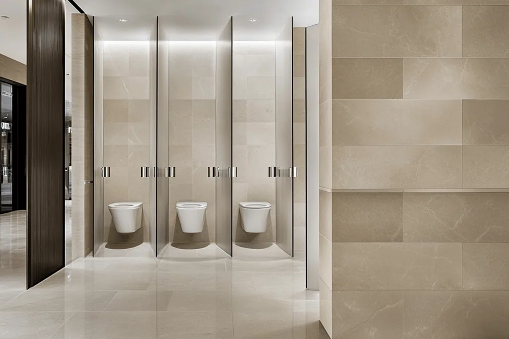 Beige stone-tiled washroom with three glass-partitioned wall-hung toilet stalls