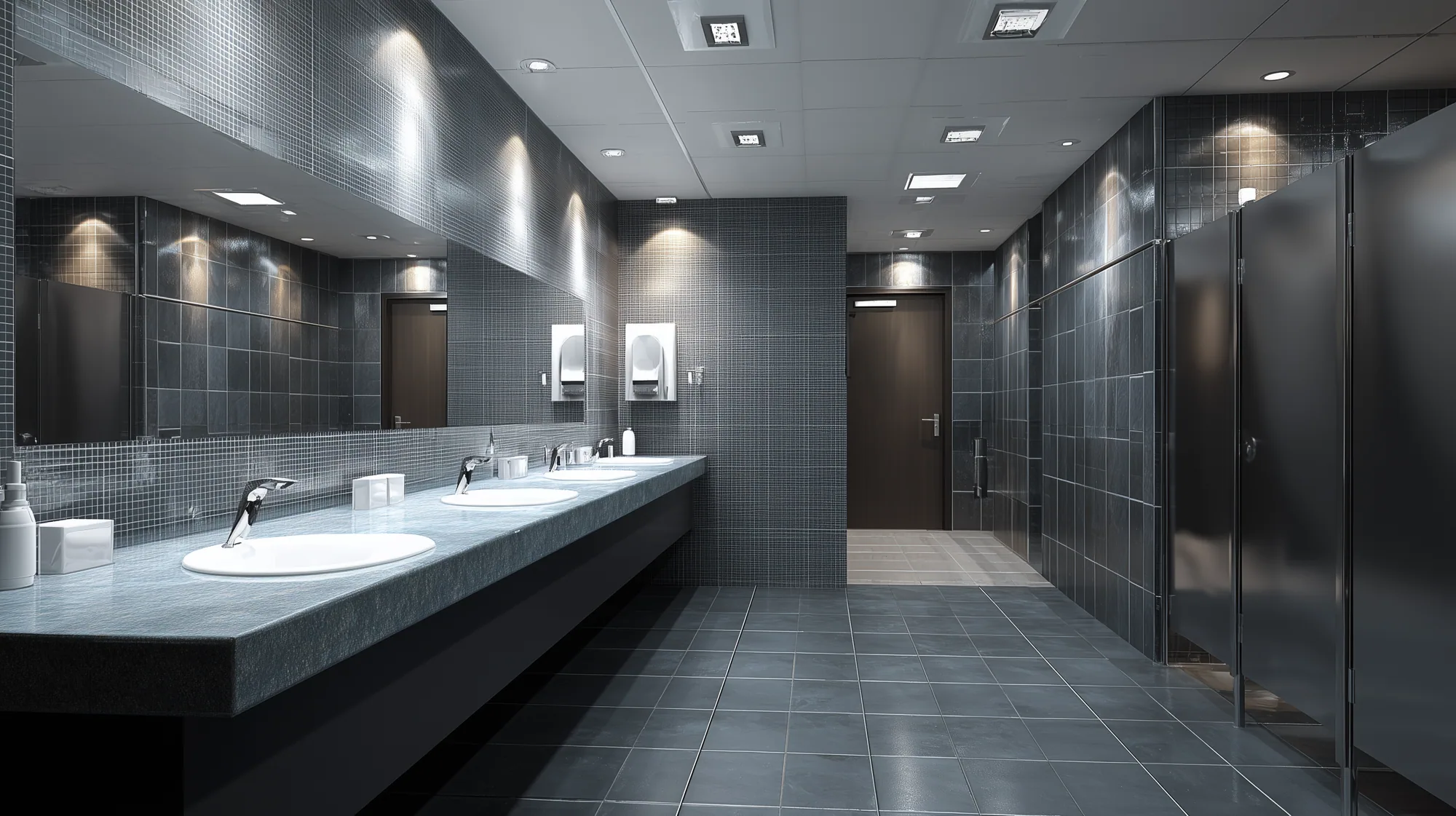 Dark charcoal-tiled washroom corridor with a mosaic-tiled vanity wall and stainless stall partitions