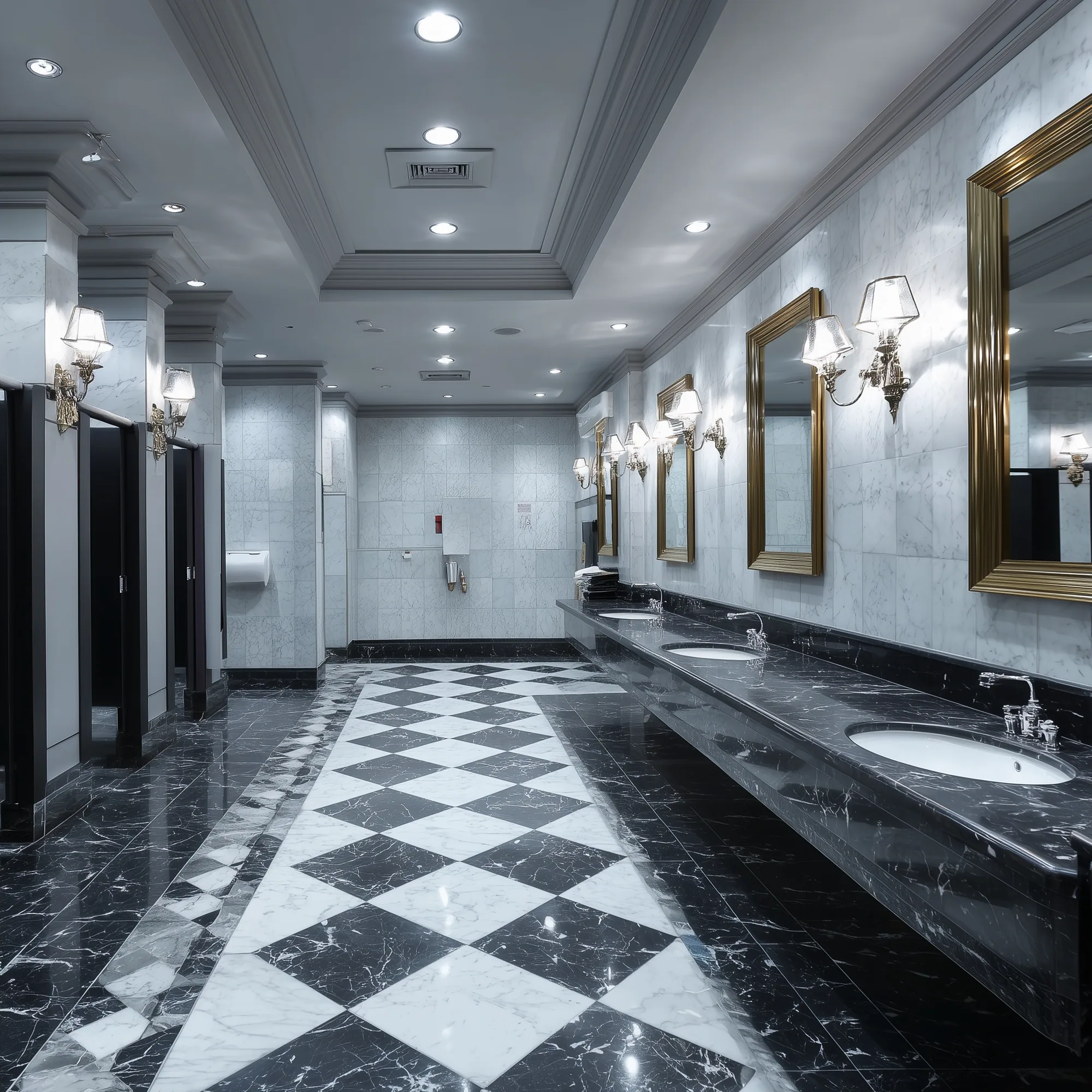 Hotel washroom with a black-and-white checkerboard marble floor and a black marble vanity counter
