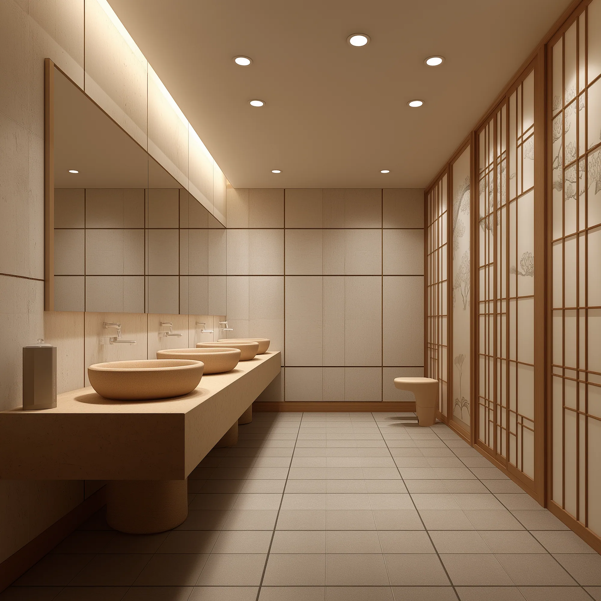 Spa-style washroom in warm beige stone tile, with sculptural sand-toned basins and shoji-style screens