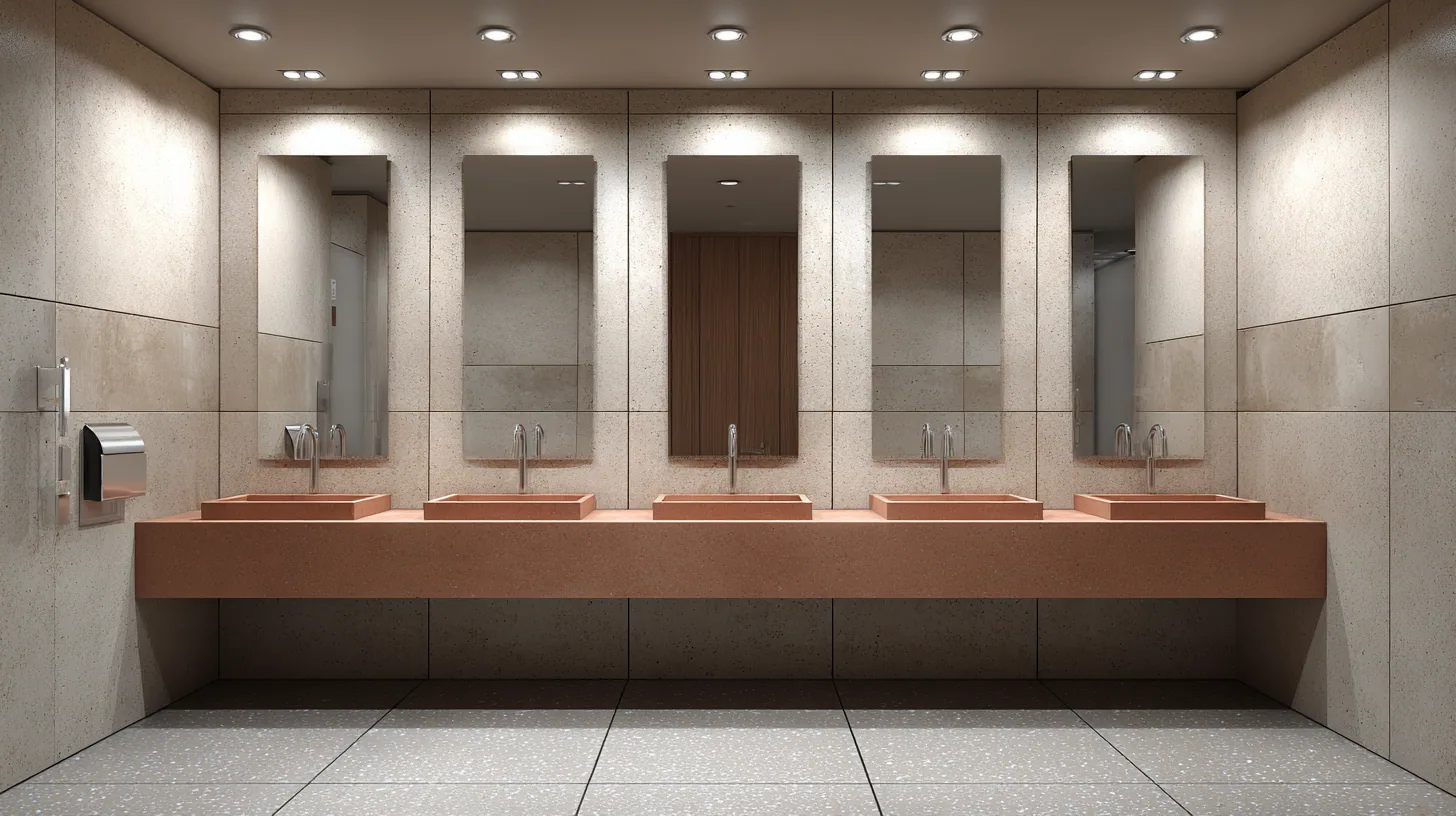 Washroom with a terrazzo-effect vanity counter over a speckled terrazzo-tile floor, with inset basins