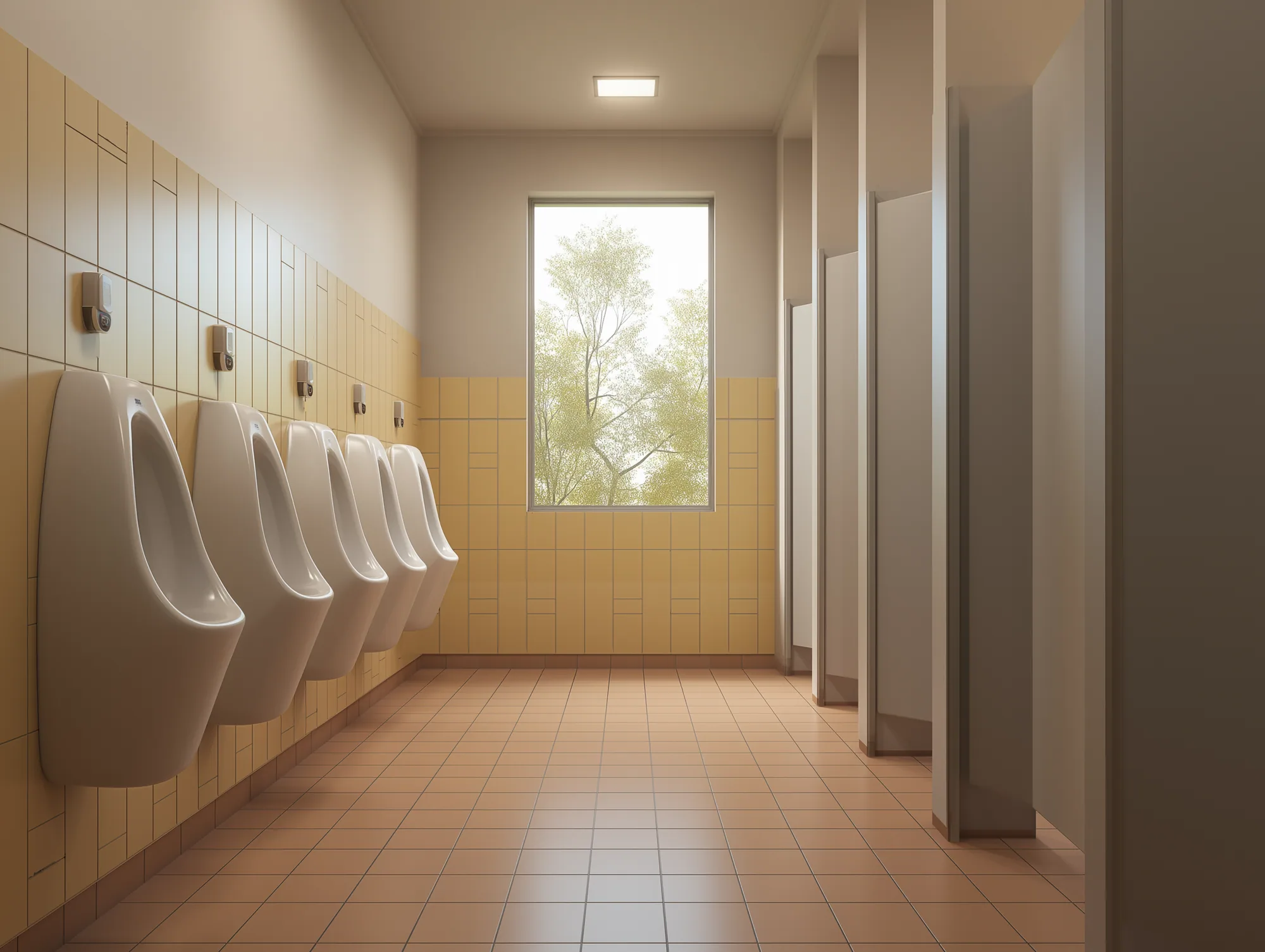 Institutional washroom with a row of wall-hung urinals against a mustard-yellow tile wall, terracotta floor tile