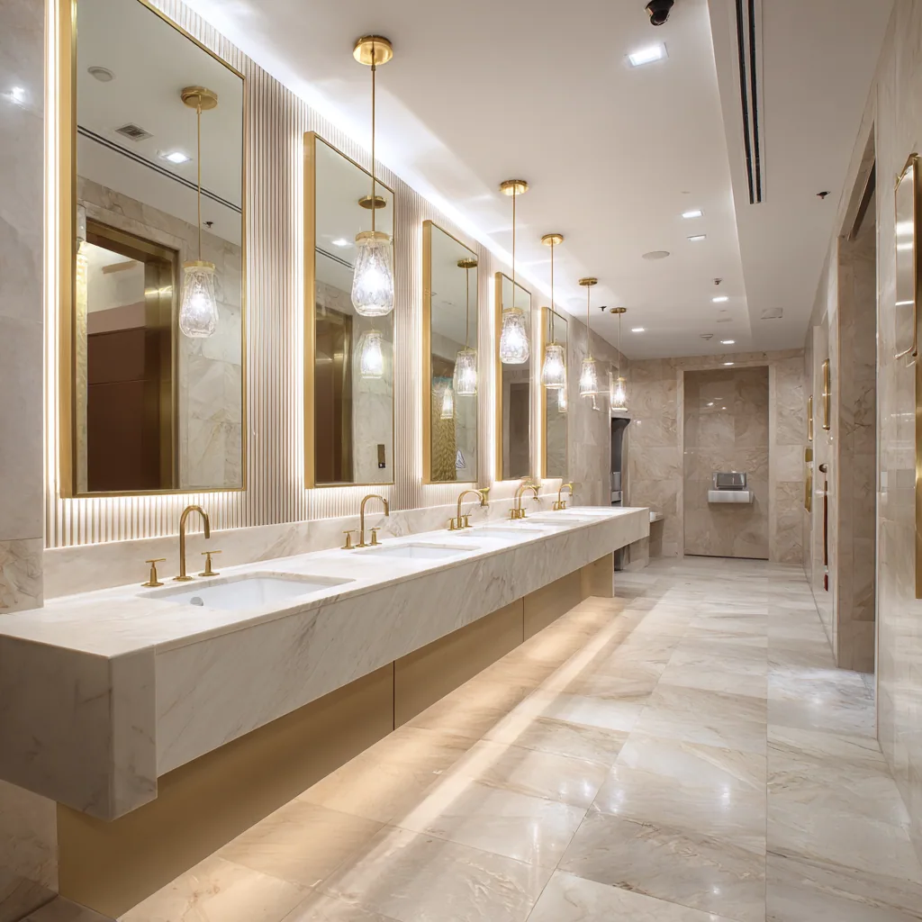 Hotel washroom with a long marble vanity, brushed-gold faucets and mirrors, on a beige stone-look floor