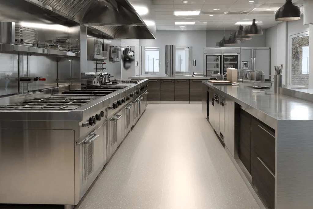 Commercial kitchen with stainless-steel counters and light grey anti-skid floor tile