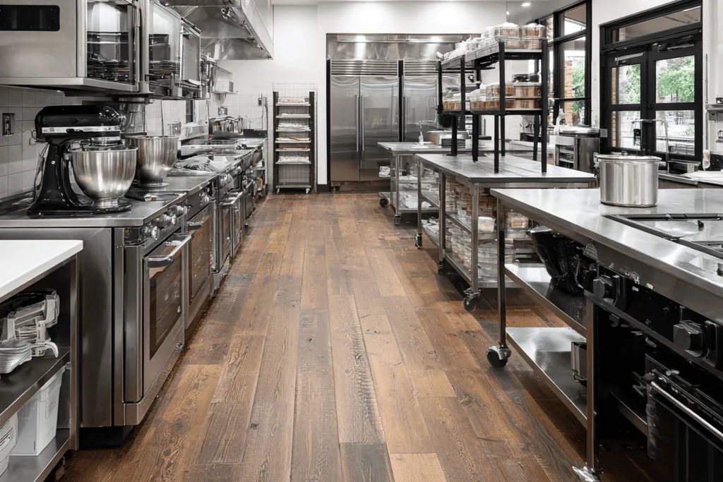 Commercial bakery kitchen with a wood-look plank floor tile and stainless equipment