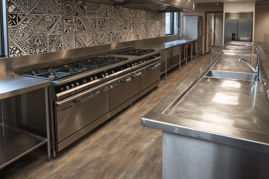 Commercial kitchen with a patterned monochrome wall mural, a wood-look plank floor tile and stainless equipment