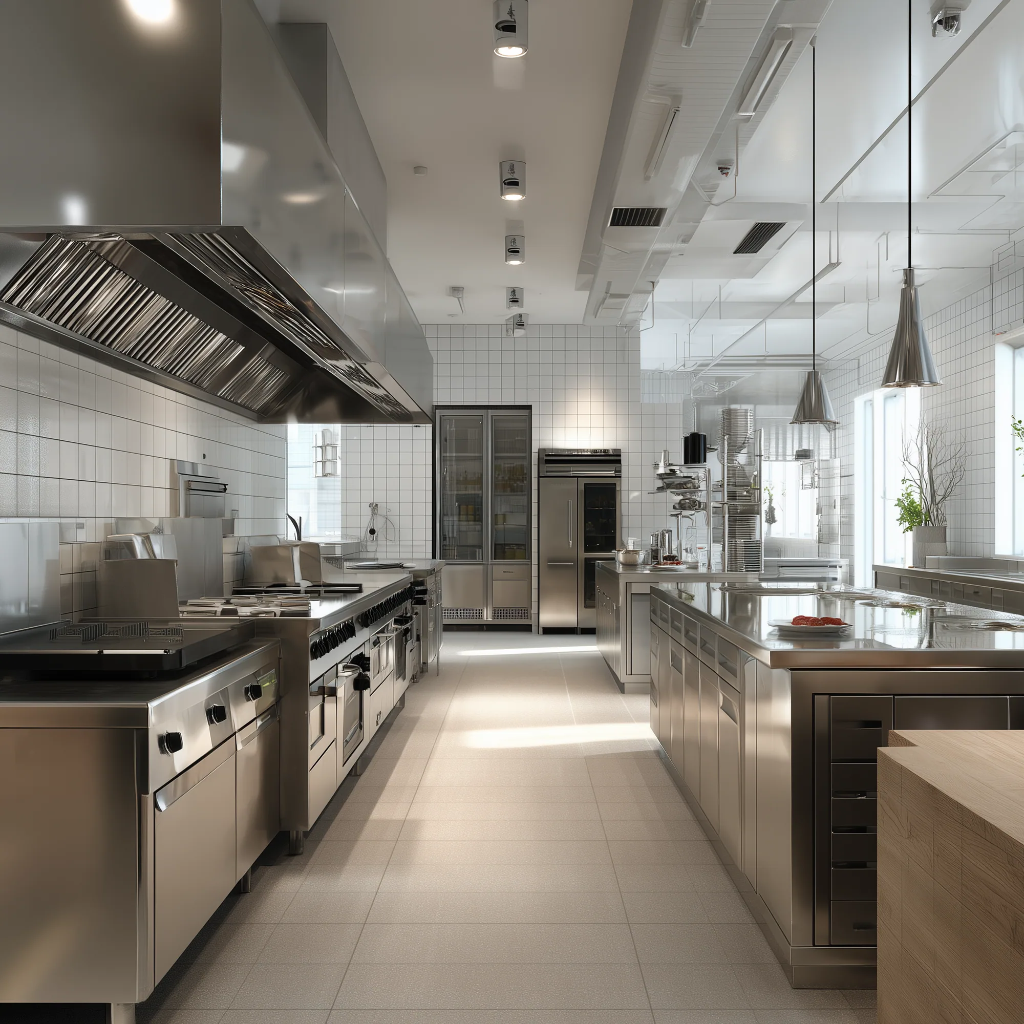Professional stainless-steel commercial kitchen with white square wall tile and a light grey anti-skid floor