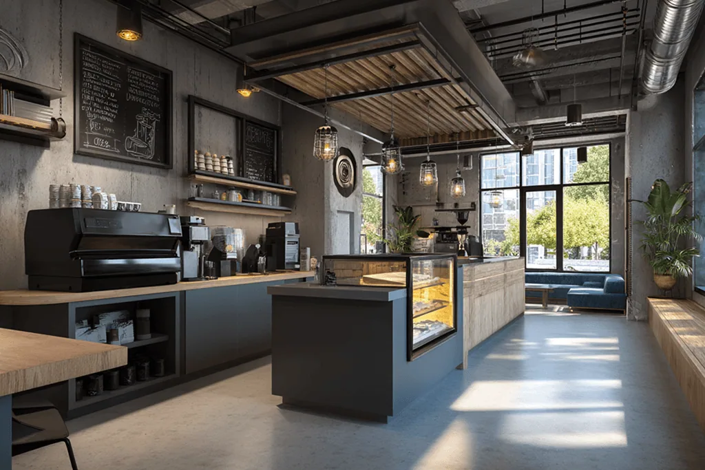 Dark industrial café kitchen counter on a polished concrete-look floor