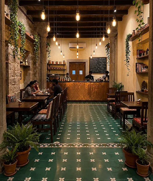 Café dining room with a green-and-cream patterned tile floor and pendant lighting
