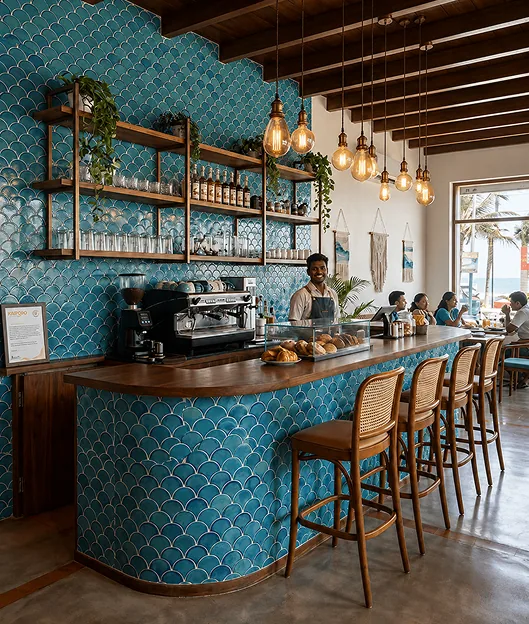 Beach-bar counter with a teal fish-scale mosaic front, under string lighting