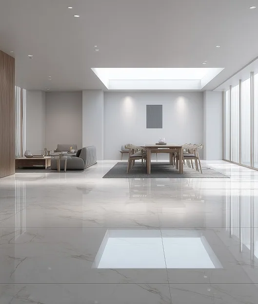 A skylight lights an open hall where high-gloss tile reflects the room