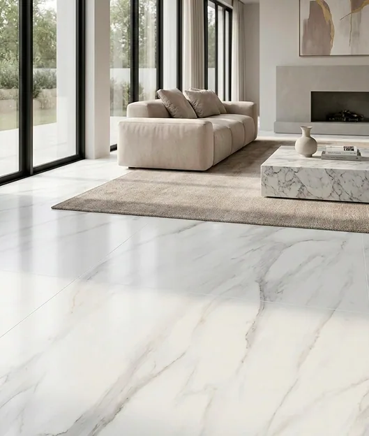 Grey and gold veins run through the floor of a garden-facing sitting room