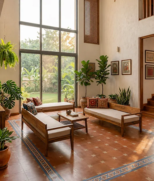 Sunlit living room with a terracotta patterned-border tile floor, wood benches and tall glazing