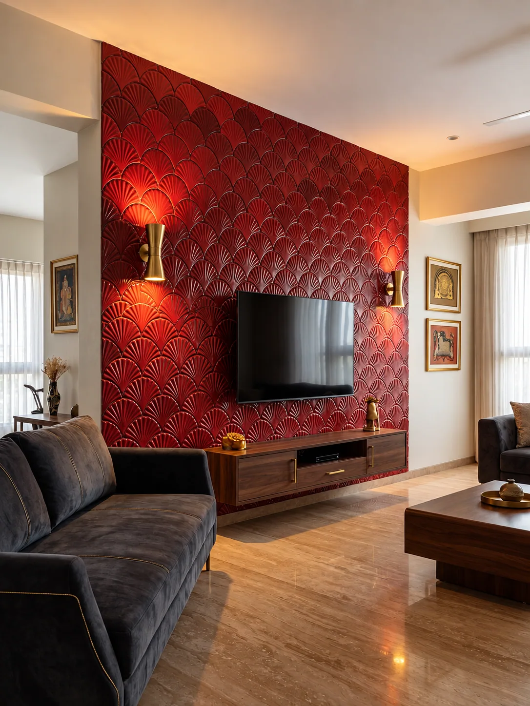 Deep red fan-patterned tile wall behind a wall-mounted television, lit by two brass sconces above a walnut console