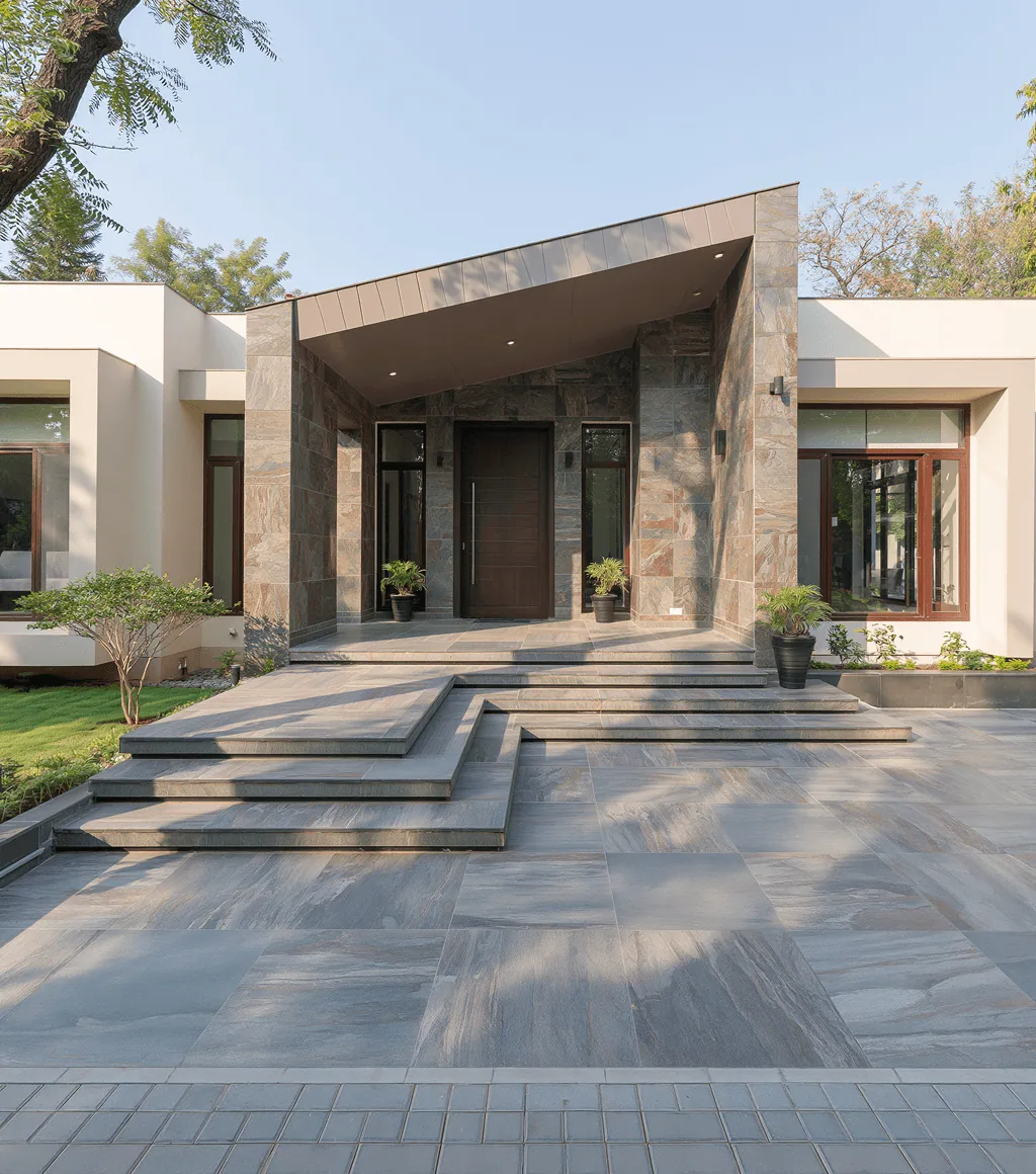 Modern home entrance porch clad in grey granite, with wide matching granite steps and paving