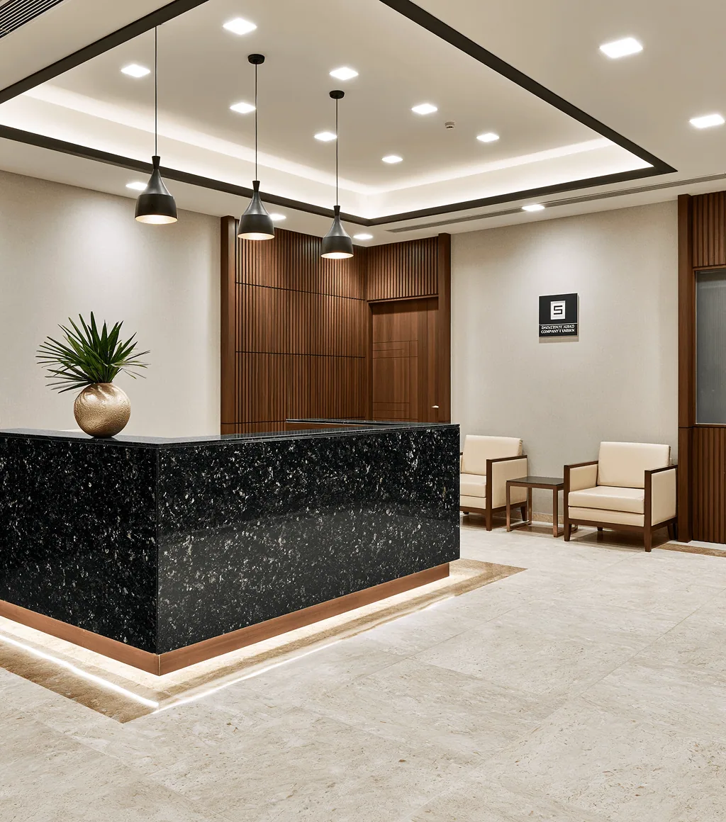 Office reception desk in black speckled granite, with a warm wood-panelled backdrop and beige marble floor