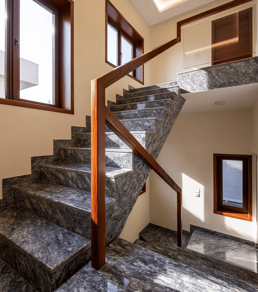 Interior staircase and landing clad in grey speckled granite, with a timber handrail