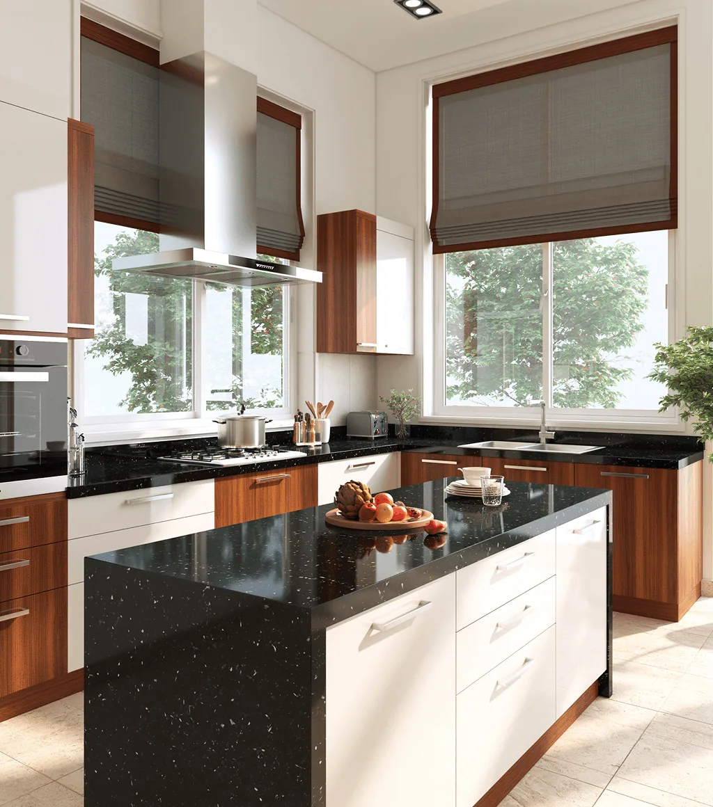 Kitchen with black speckled granite countertops and island, beside timber cabinetry