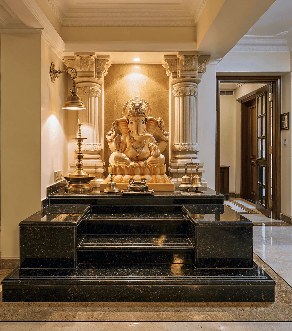 Home shrine platform clad in dark green-black granite steps, before a marble idol niche