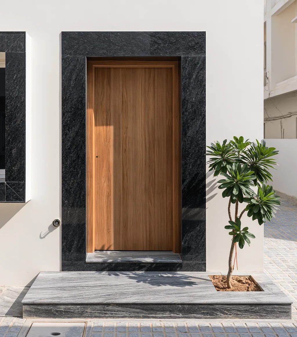 Modern home entrance framed in flamed black granite, over a honed grey granite step