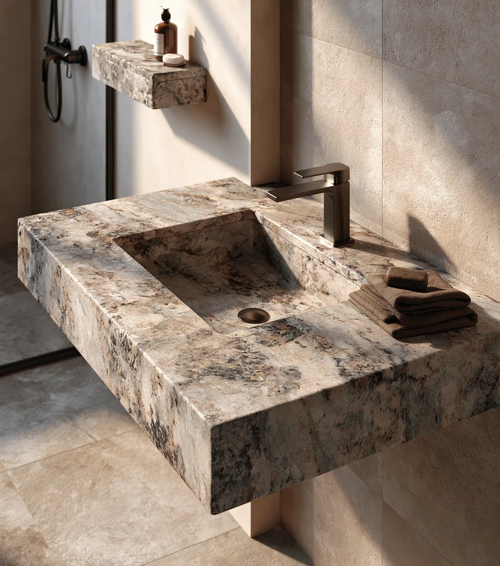 Bathroom vanity counter and matching wall shelf in beige-and-brown speckled granite