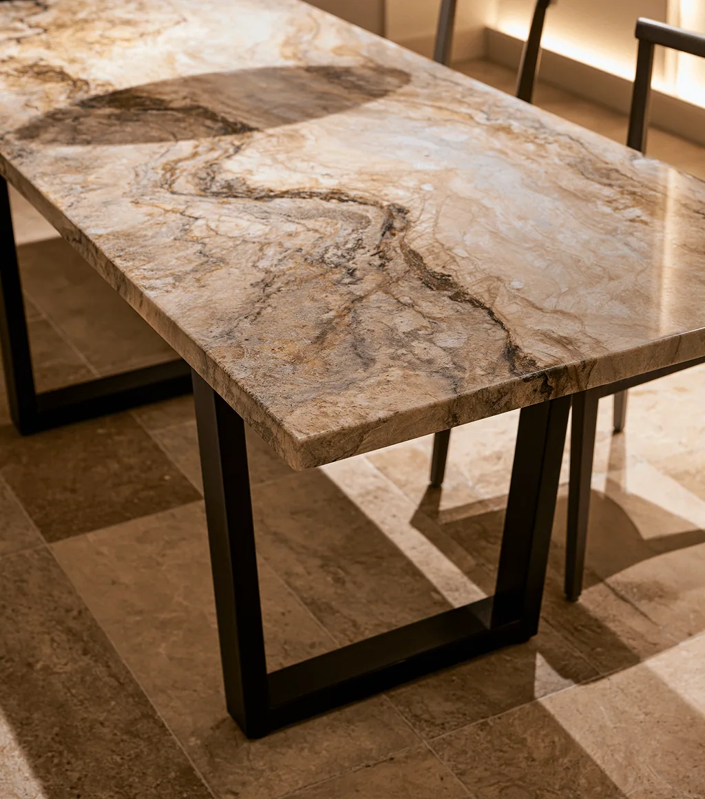 Dining table top in warm beige granite with bold dark veining, on black metal legs