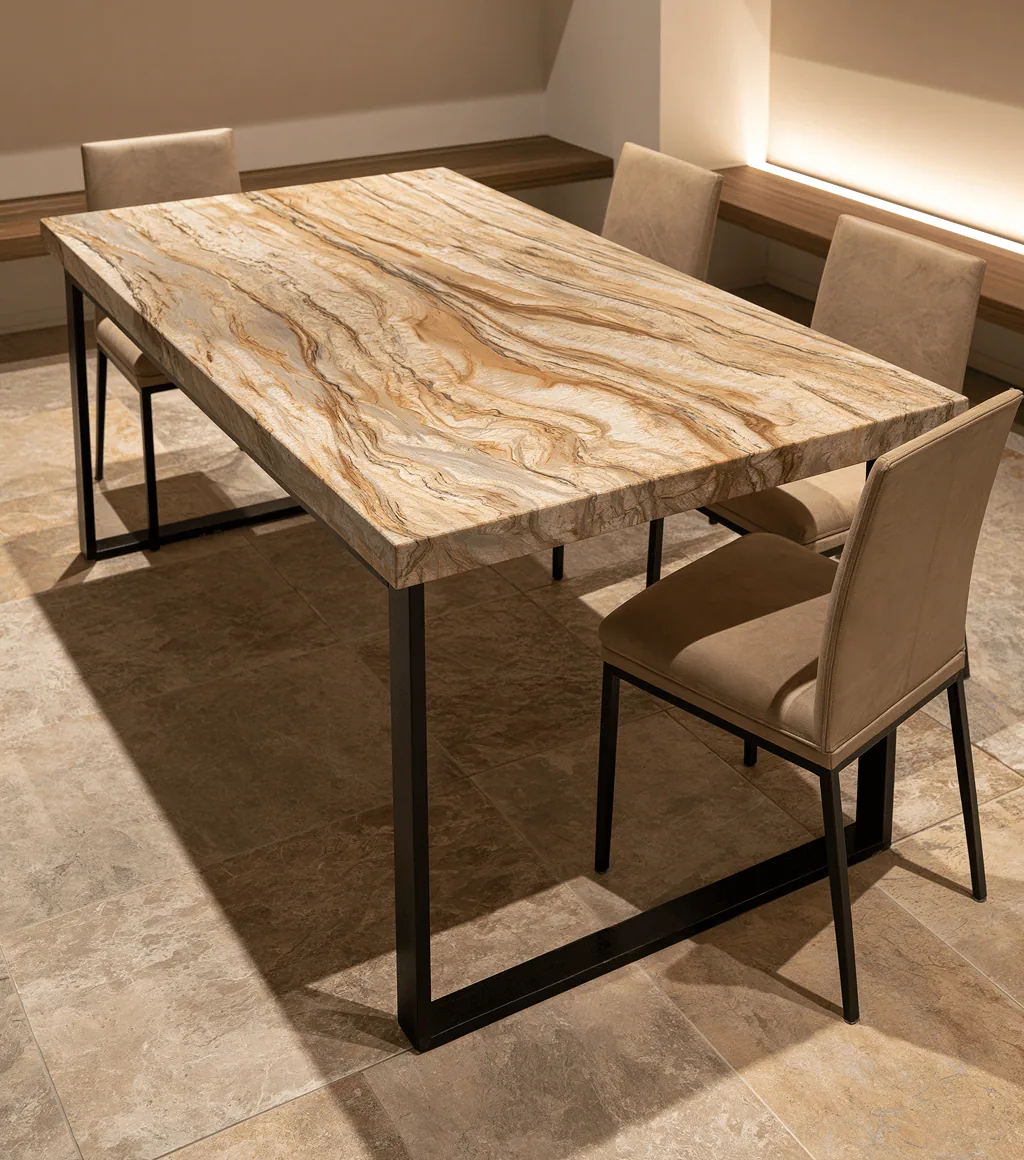Dining table in golden-beige granite with sweeping brown veining, seating four