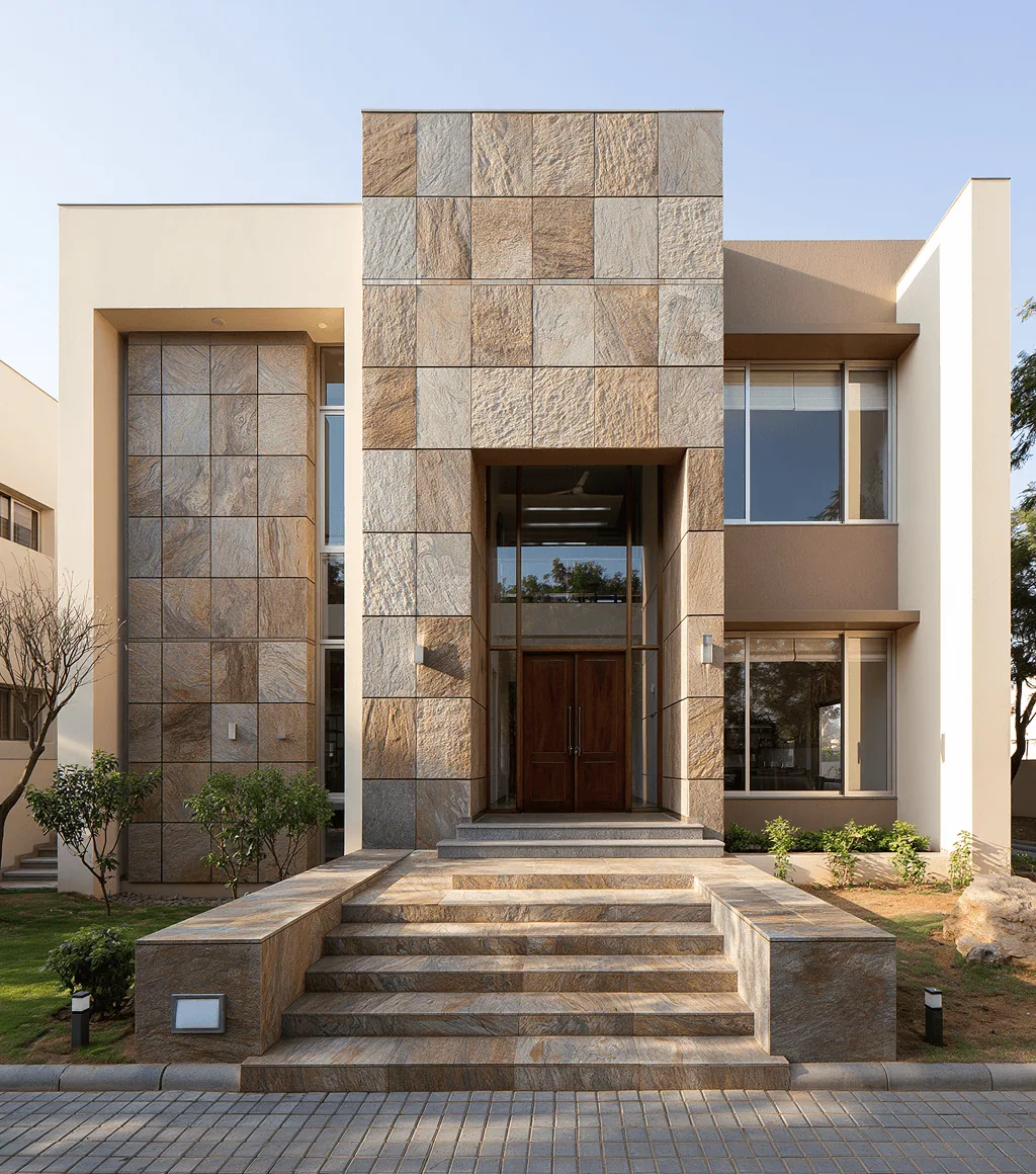House facade clad in large tan-beige textured granite panels, beside wide matching entrance steps