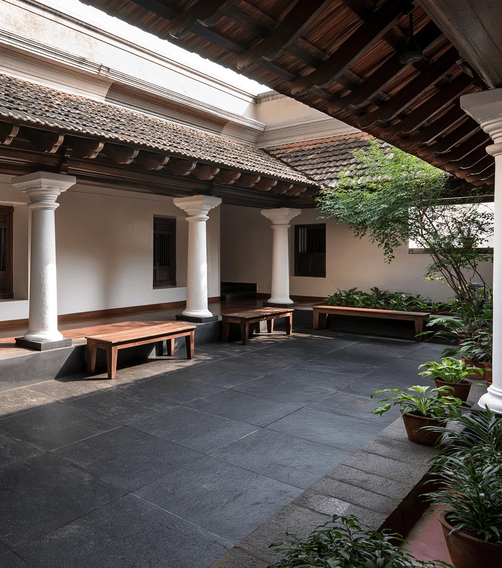 Traditional colonnaded courtyard floored in dark grey-black Kadappa stone, with white columns and a tiled roof
