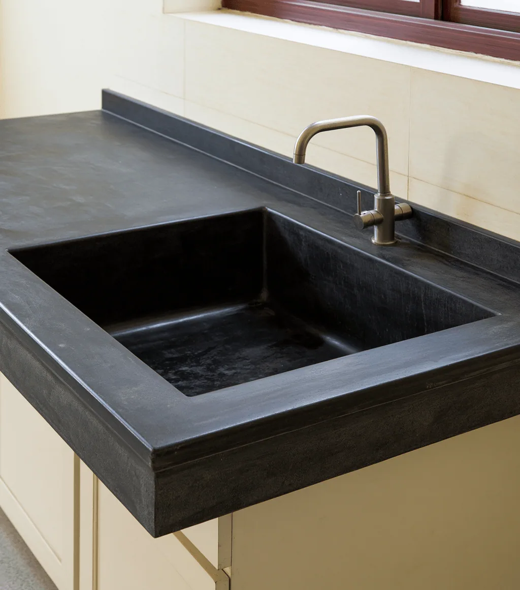 Kitchen sink counter carved from a single slab of black Kadappa stone