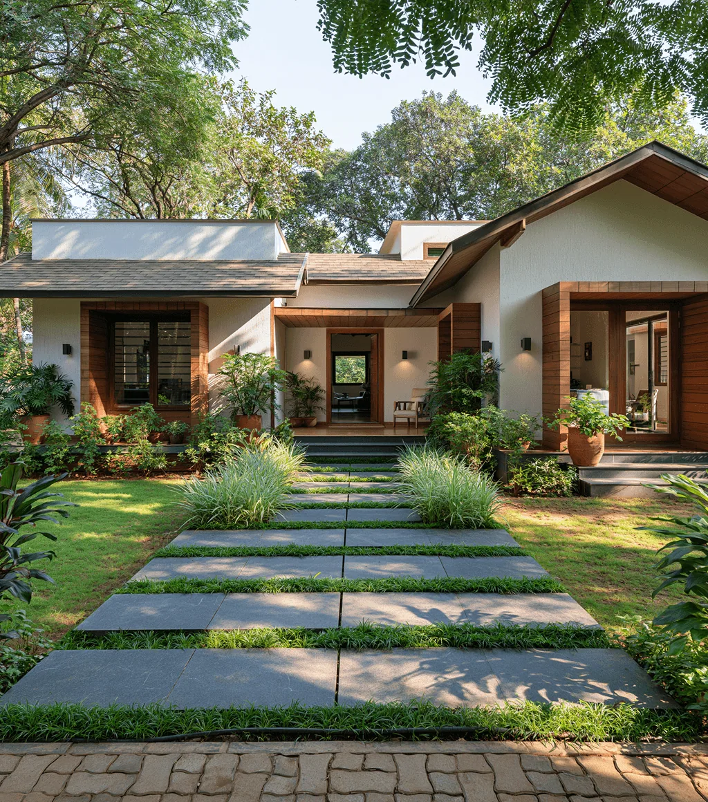 Garden pathway of dark Kadappa stone stepping-slabs set into a lawn, leading to a covered veranda