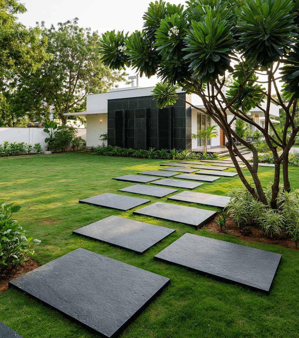 Garden path of dark Kadappa stone stepping-slabs across a lawn, leading to a garden pavilion