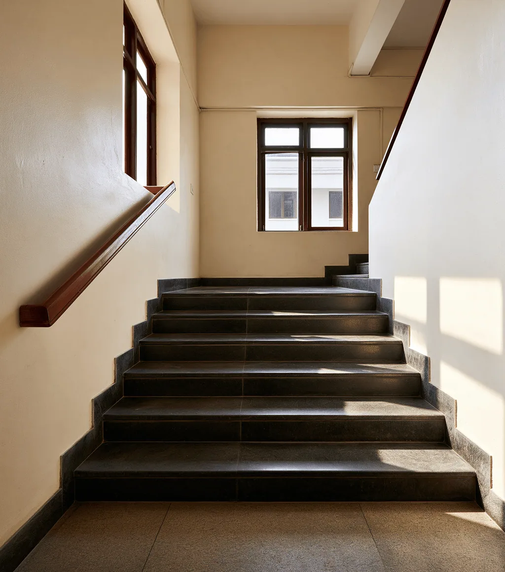 Interior staircase with dark grey-black Kadappa-stone treads and risers