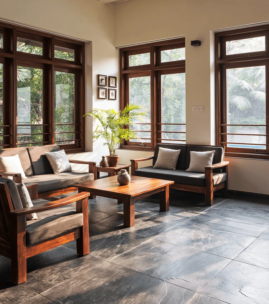 Living room floored in dark grey-black flamed Kadappa stone, with timber furniture and garden windows