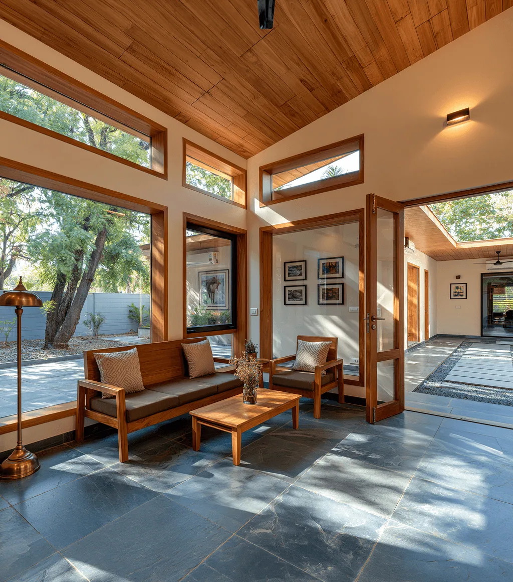 Sunroom sitting area floored in dark blue-grey honed Kota stone, beneath a timber-clad vaulted ceiling