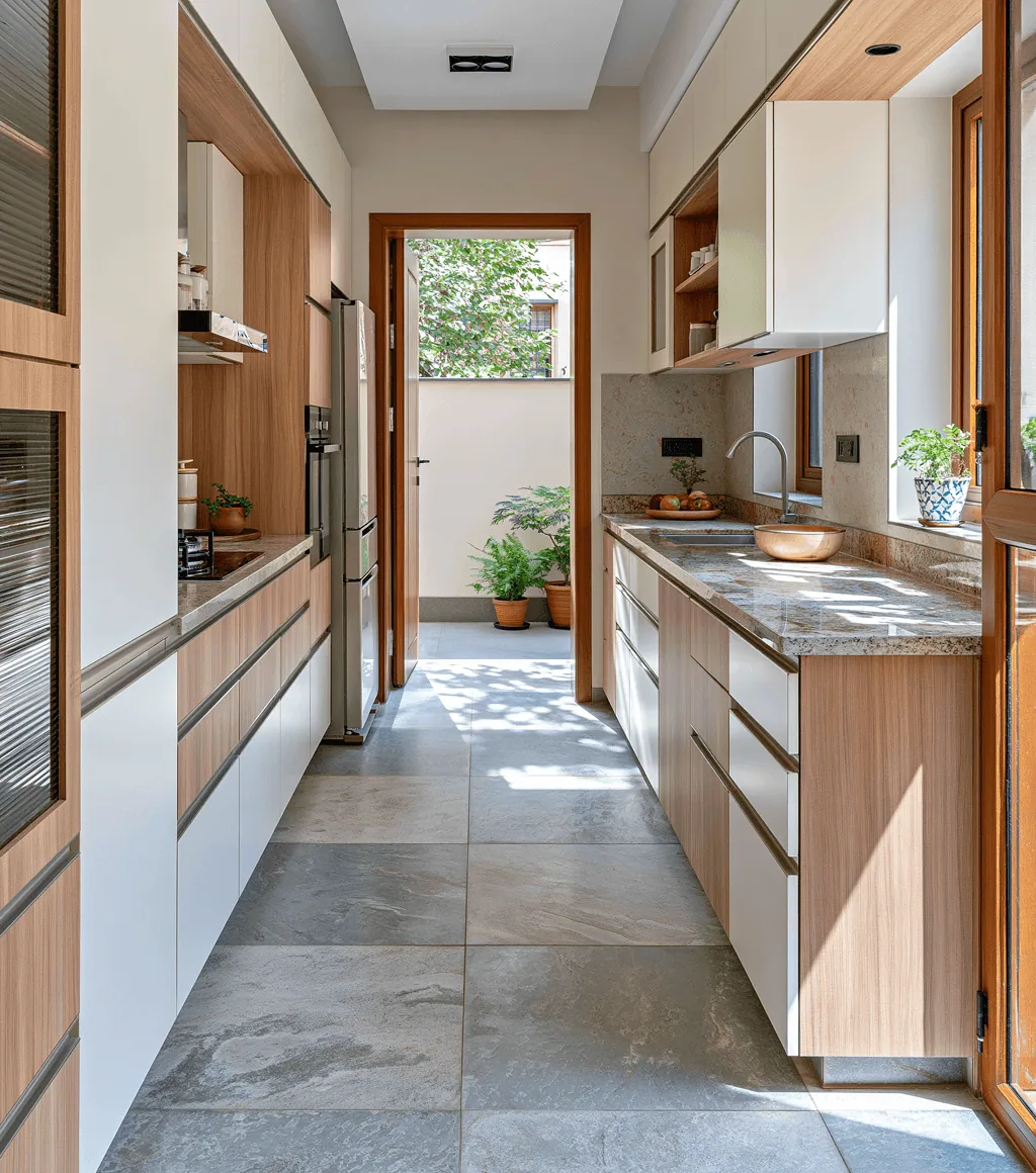 Kitchen floored in grey Kota-look large-format tile, with granite countertops