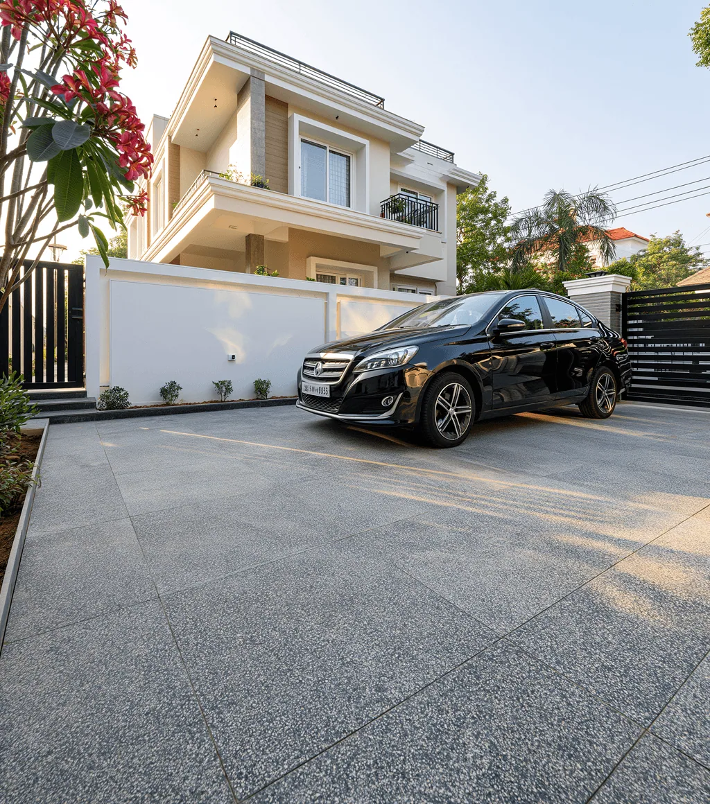 Driveway paved in grey speckled stone tile, at a two-storey house with a parked car