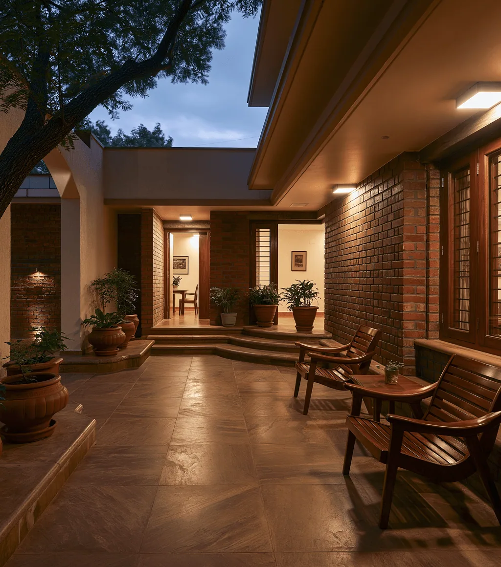 Brick-walled veranda with a honed brown Kota-stone floor, wooden armchairs and evening lighting