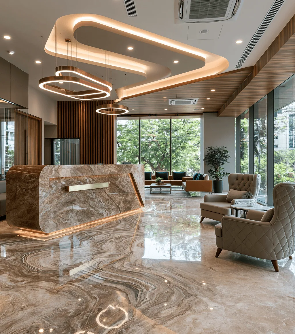 Hotel reception desk clad in beige-brown marble with bold swirling veins, over a matching marble floor