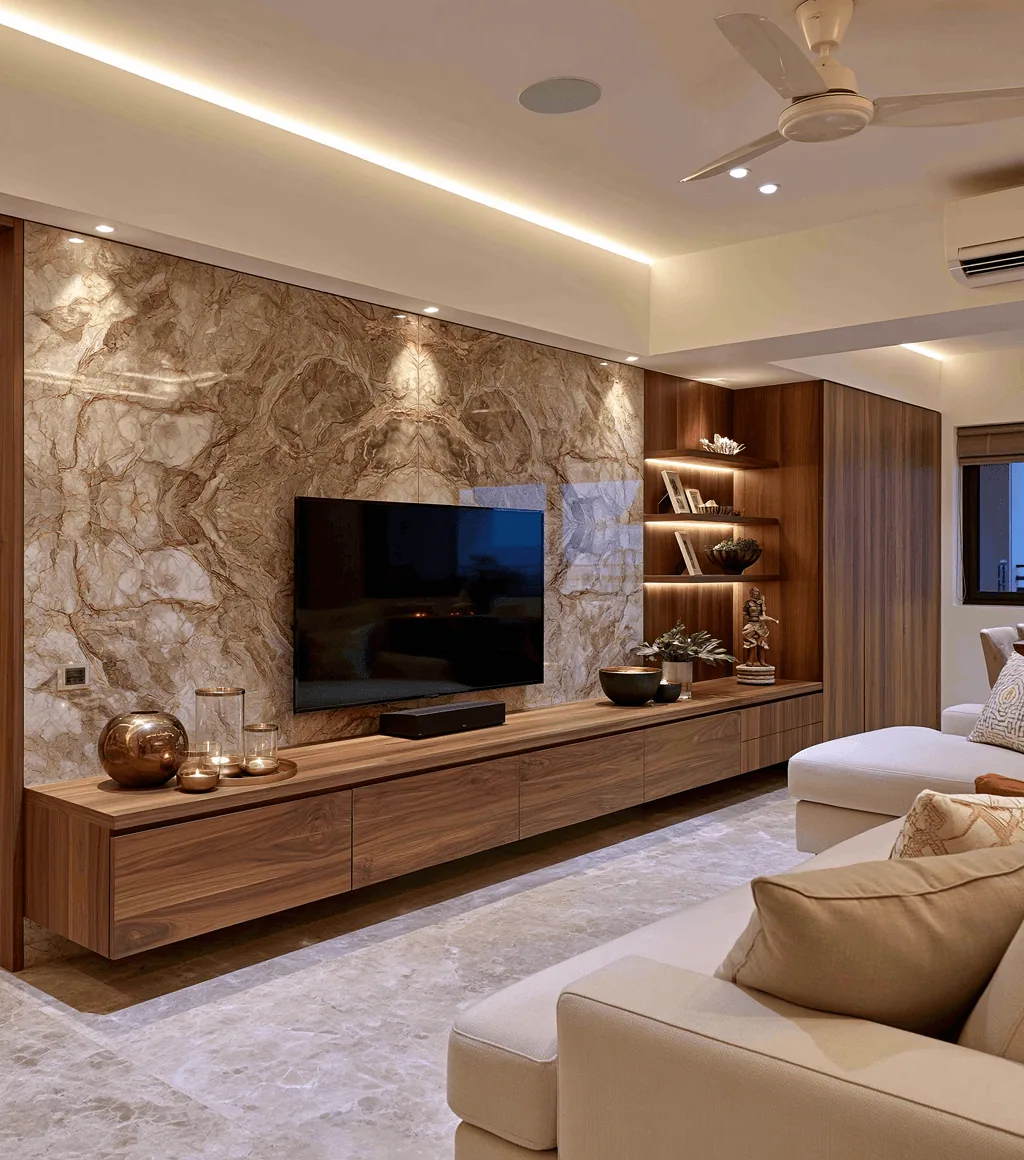 Living room TV feature wall clad in beige marble with bold veining, over a marble-look floor