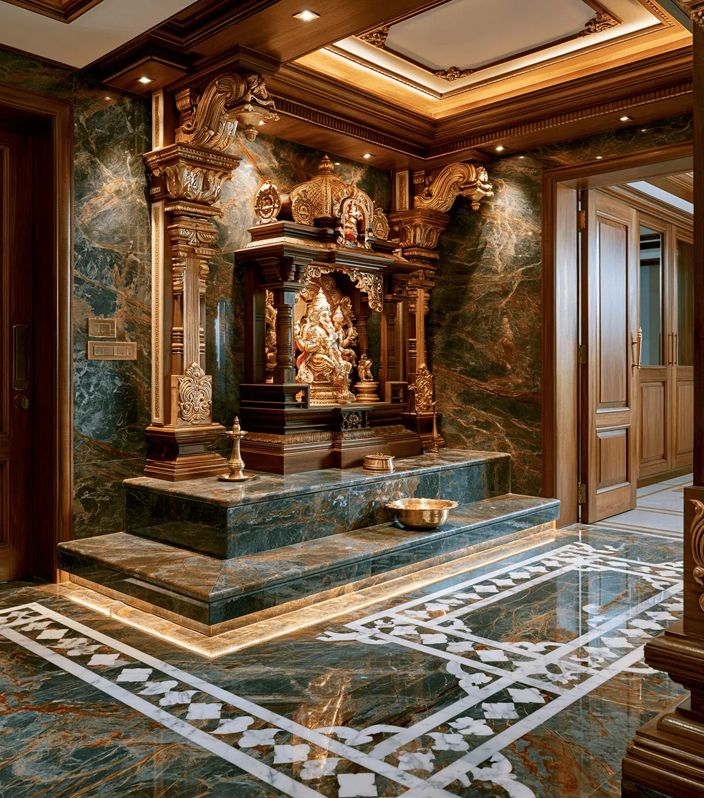 Home temple room clad in dark green marble with an ornate white-marble inlay floor border